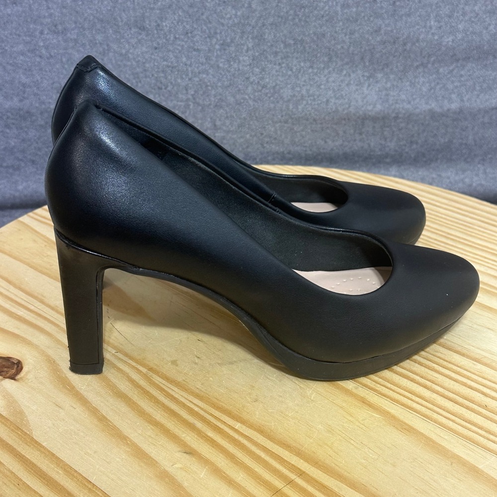 Clarks Collection Womens Black Leather Platform Pumps Round Toe Heels‎ Size 7W